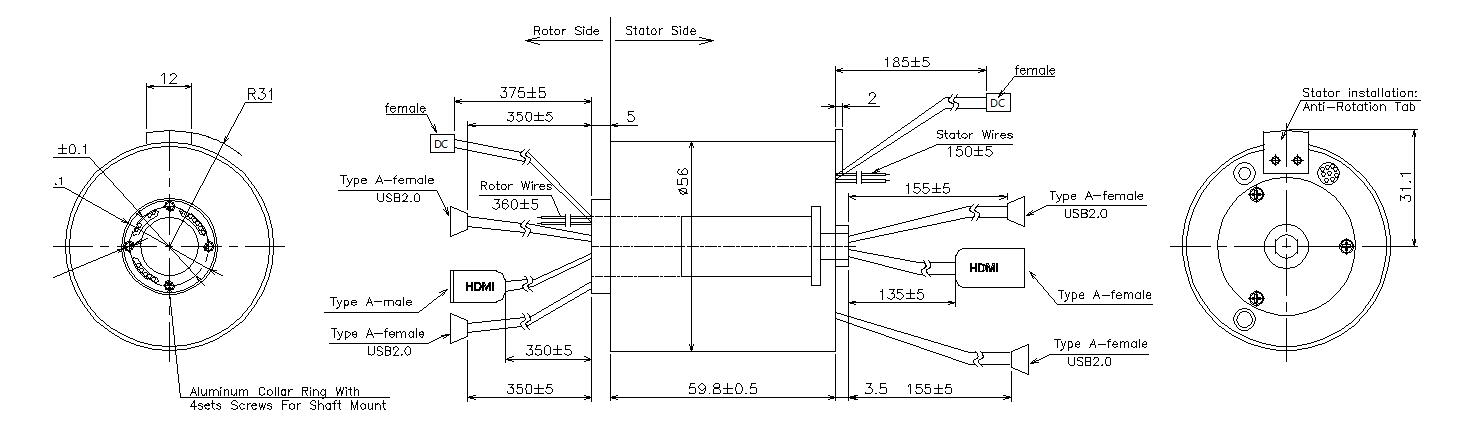 IP54 13 Circuits Through Bore Slip Ring Transferring Current Signal HDMI USB2.0 Signal Simultaneously