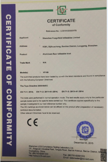 Fuegofield inflatables Co. Ltd Certifications