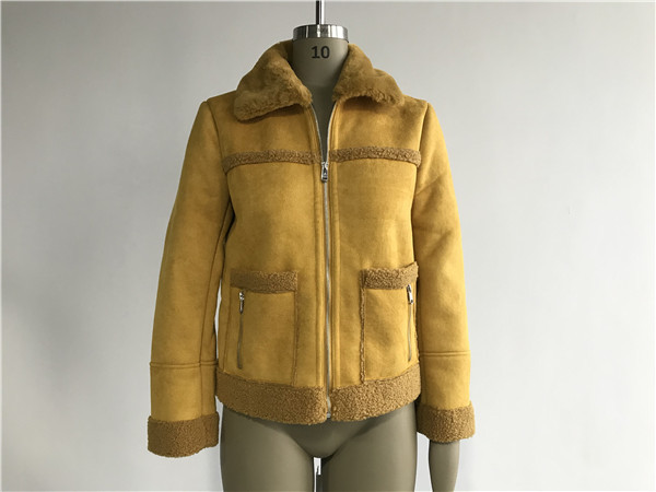 Wholesale Ladies' Mustard Suede Bonded Jacket With Fur Collar High Fashion 92950 from china suppliers
