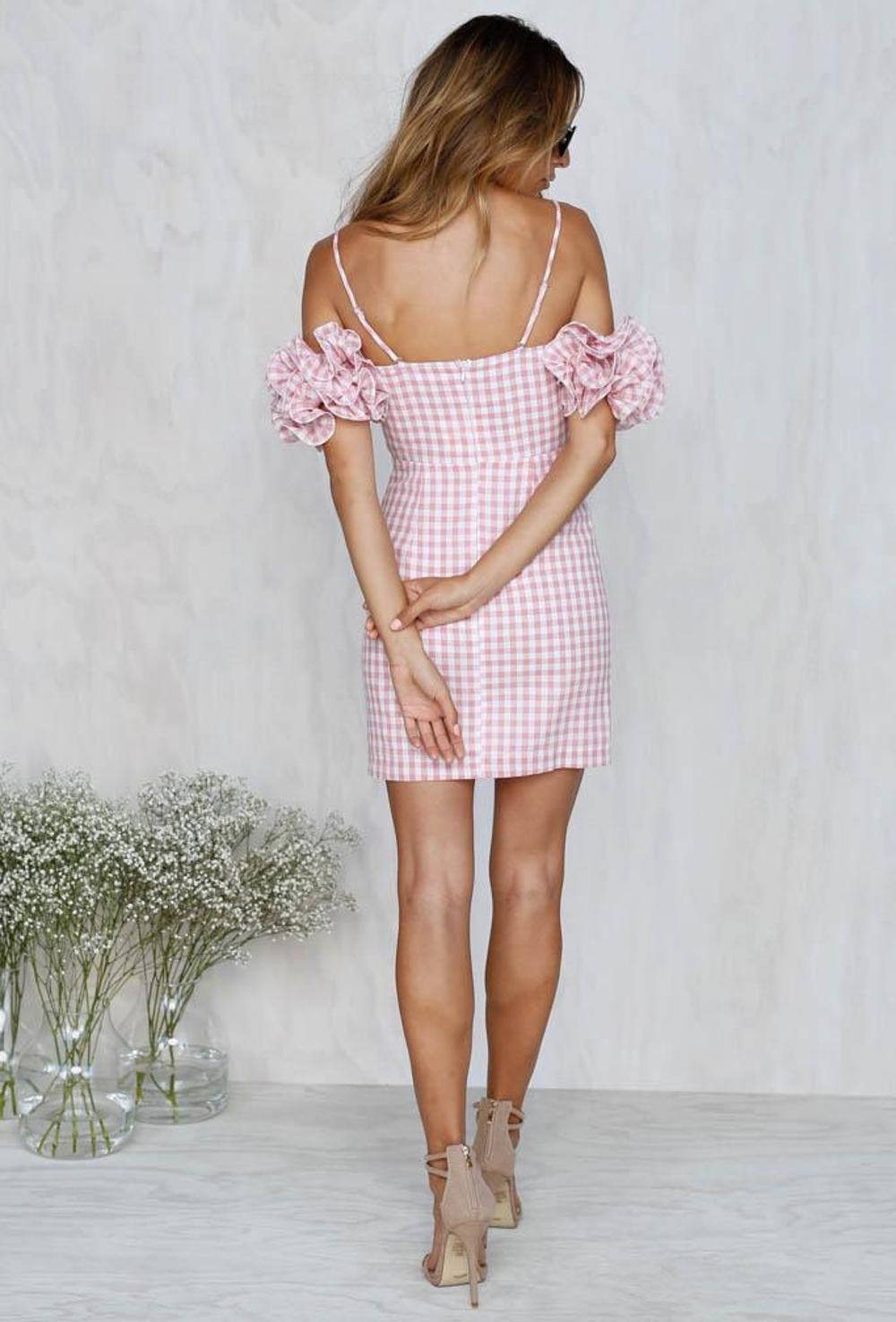 Wholesale 2018 New Arrivals Clothing Ruffled Sleeve Pink Gingham Women Dresses Summer from china suppliers
