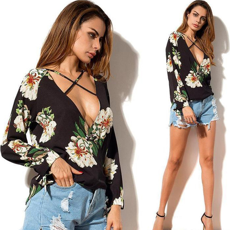 Wholesale Women Low Neck Floral Chiffon Long Sleeve Top from china suppliers