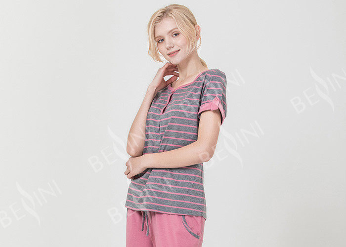 Homestyle Round Neck Women'S Pajama Short Sets , Ladies Striped Pyjamas sets