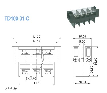 600V 101A Through Panel Terminal Block , 21.0mm Feed Through Terminal Connectors