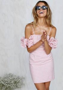 Wholesale 2018 New Arrivals Clothing Ruffled Sleeve Pink Gingham Women Dresses Summer from china suppliers