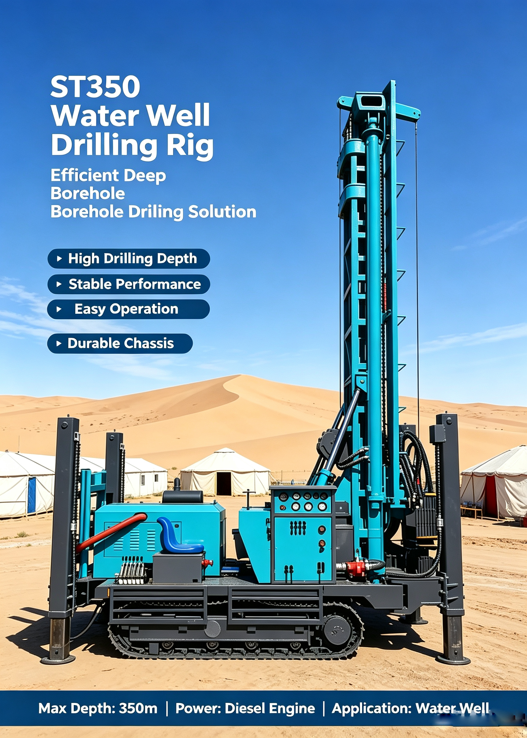 Large 350m Pneumatic High Efficiency Drilling Rig Hydraulic Drilling