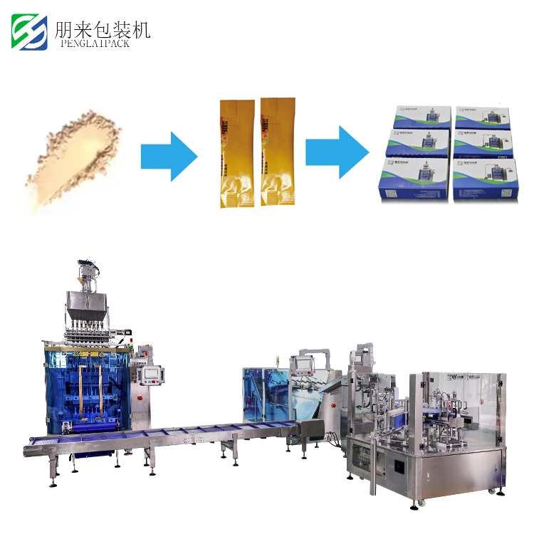 Factory Fully Automatic Multi-Row Sugar Honey Powder Bagging Carton Packing and Carton Wrapping Film Machinery Production Line
