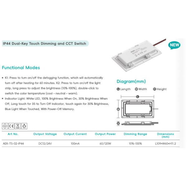 DC12/24V IP44 Dual Touch Dimmer Switch CCT Adjustable LED Controller with Defog
