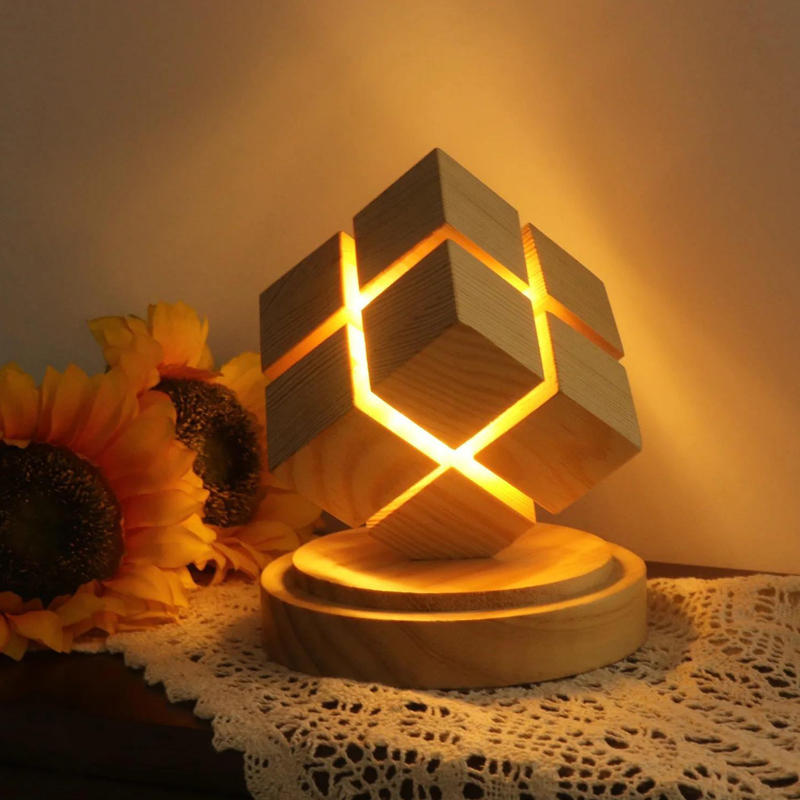Wooden LED Cube Table Lamp USB Dimmable Rechargeable Desk Lamp Creative Geometric Night Lights for Bedroom Decor Accent Lighting