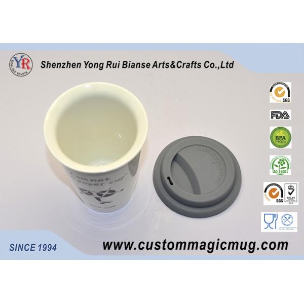 Customizable 350ml Double Wall Ceramic Coffee Mug With Silicone Lid , Starbuck shape