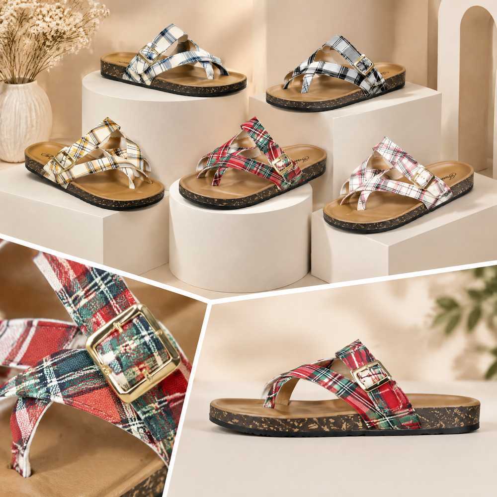 Check Print Sandals with Crossover Straps | Source Factory Supply