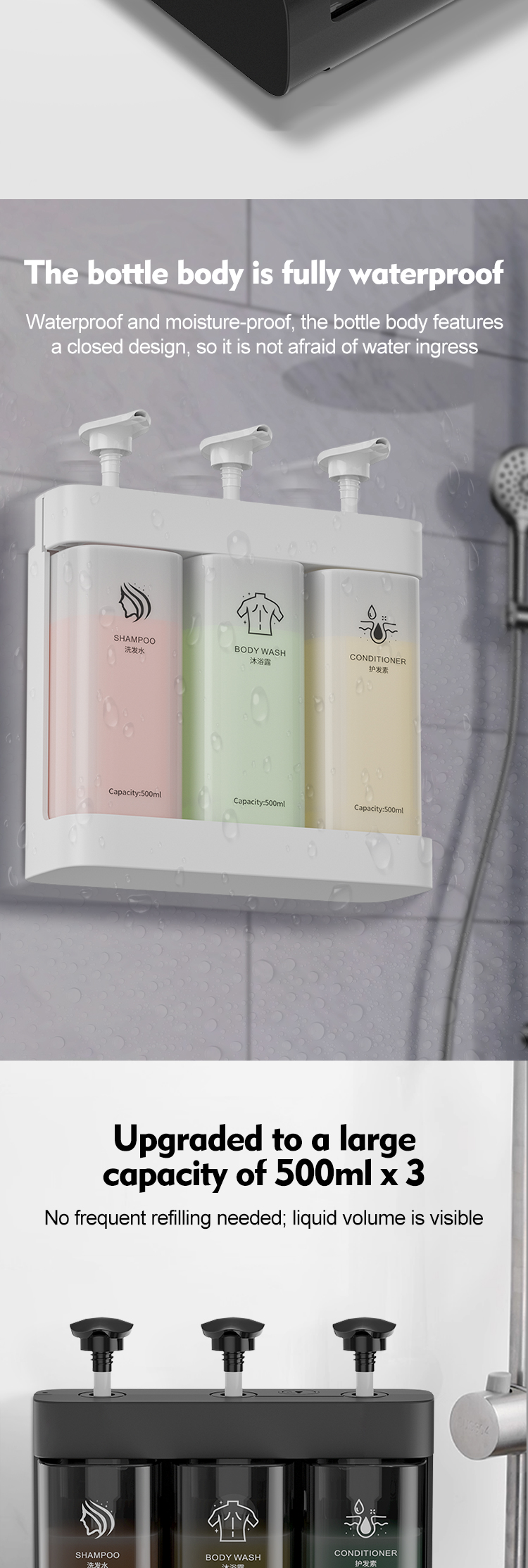 Multi Function Triple Wall Mounted Pump Soap Dispenser Refillable 500ml*3 Capacity