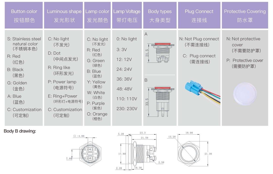 High Temp High Current Momentary Switch LED Metal Push Button Switches