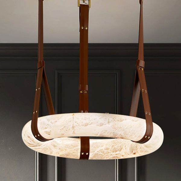 Modern Marble Ring LED Chandelier with Customizable Color Temperature 50000 Hours Lifespan Alabaster Brass Fixture for Modern Simple Luxury Style
