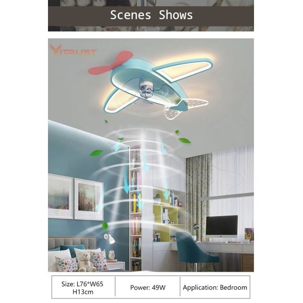 Kids Children Room LED Ceiling Fans Dimmable Remote Control Creative Plane Ceiling Fan With LED Light (WH-CLL-64)