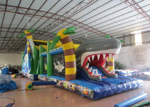 Quality White Shark Inflatable Obstacle Courses Silk Printing 14 X 4m With Palm Trees for sale
