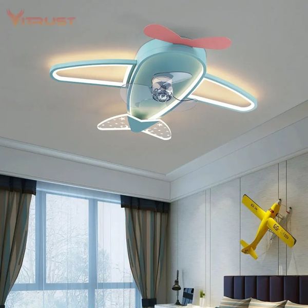 Kids Children Room LED Ceiling Fans Dimmable Remote Control Creative Plane Ceiling Fan With LED Light (WH-CLL-64)