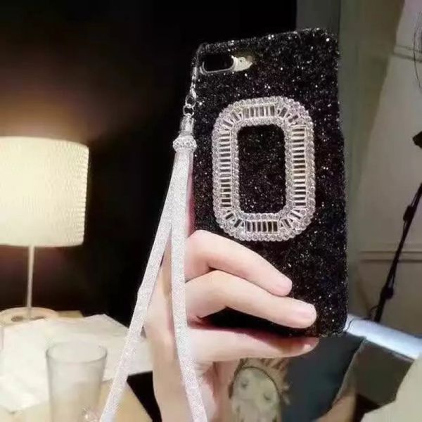 Black Glitter Box Drill Cell Phone Case Cover for iPhone 7 6s Plus with Long Crystal Lanyard