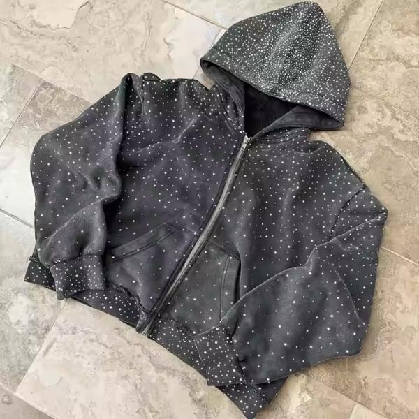 Oem Heavyweight Zipper Hoodie Custom 100% Cotton Terry Hoody Sweatshirt Streetwear Rhinestone Zip Up Hoodie for Men
