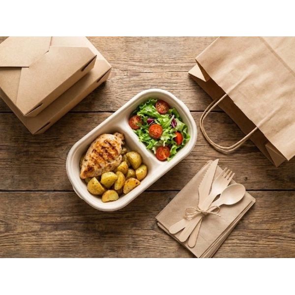 Takeaway Bagasse Clamshell Containers 850ml 2 Compartment Salad Lunch Box