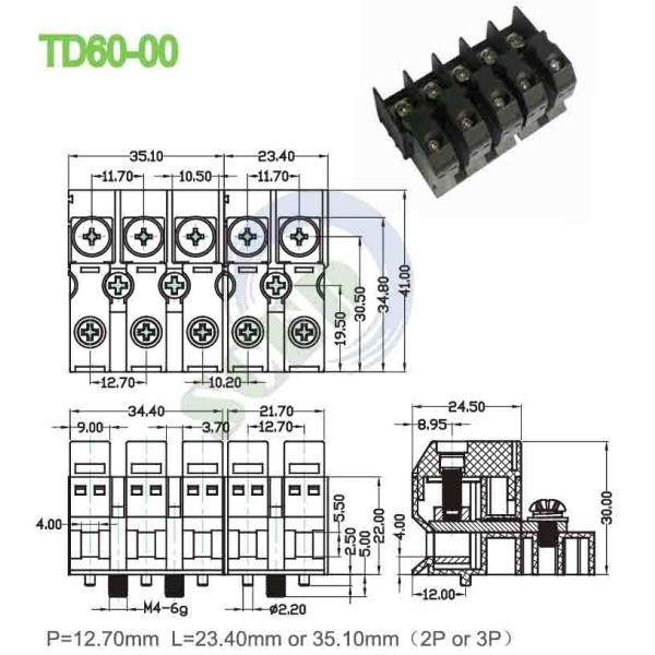 Electrical Feed Through Terminal Block Connector 600 Voltage 60A PA66 12.70mm