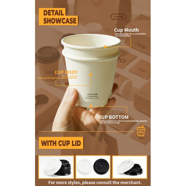 8/10/12/14/16/24oz Double Wall Paper White Coffee Cups with Lids