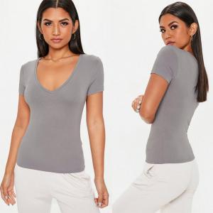 China Grey V Neck Fitted T Shirt Clothing Women on sale