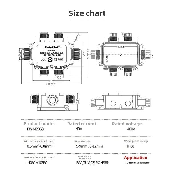 Waterproof IP68 Modular Junction Box with 1in5out Cable Distribution and 40A Rated Current for Harsh Environments