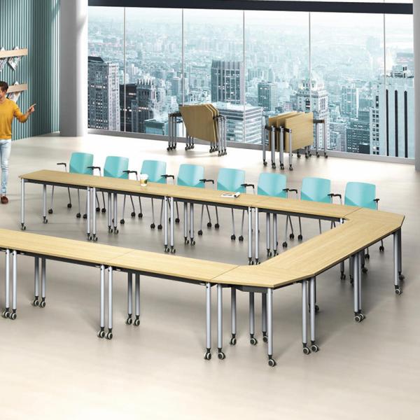 Training desk in use configuration with wheel details