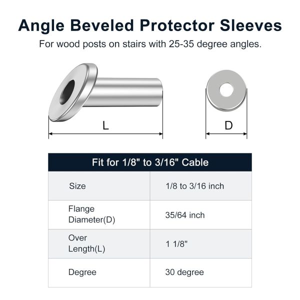 25 30 35 Degree 3/16" Angle Beveled Protector Sleeves Angled Post Protector for 1/8" 5/32" 3/16" Cable Railing