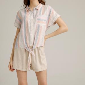 Wholesale Rainbow Color Striped Womens Casual Linen Shirts Polo Neck Collar T Shirt from china suppliers