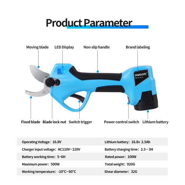 16.8V 32mm New Electric Pruning Shear With LED Screen / Cordless Pruner For Fruit Tree Branches With Hand Protection