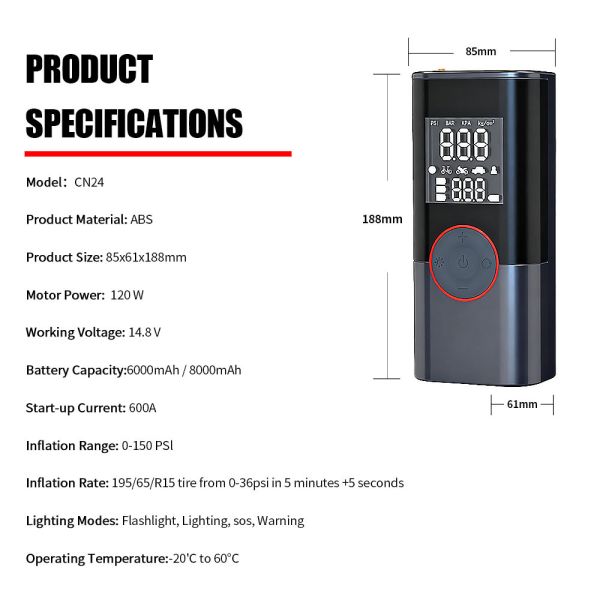 Portable Car Battery Jump Starter Pack Type C Jump Starter With Air Compressor 0-150PSI