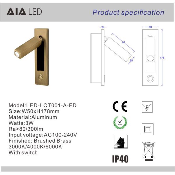 Recessed mounted bedside reading light led reading wall light 3W rotate bedroom headboard wall light for hotel