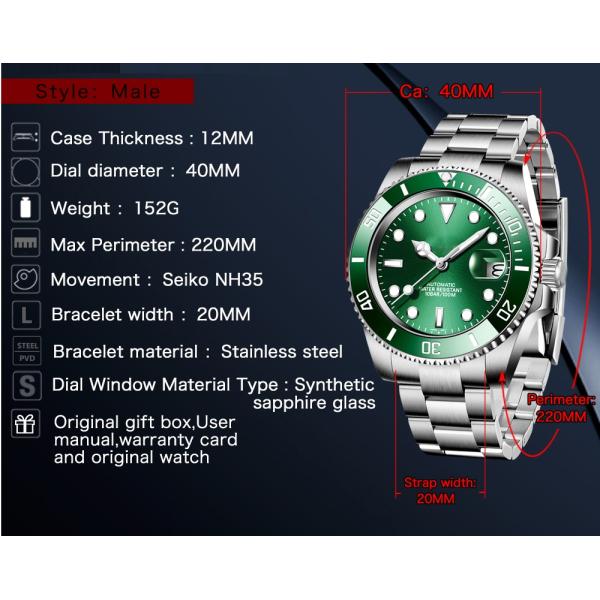 Luminous 20mm Automatic Mechanical Watch 5ATM Luxury Diver Automatic Watch