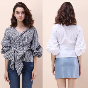 China Fall Clothing Blouse Ladies Gingham Tops Women Wrap Top on sale