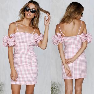 China 2018 New Arrivals Clothing Ruffled Sleeve Pink Gingham Women Dresses Summer on sale