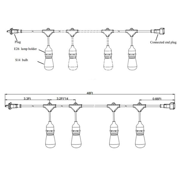 Christmas Waterproof connectable serial led string lights 48FT Outdoor String Lights E26 E27 S14 Edison Bulb included