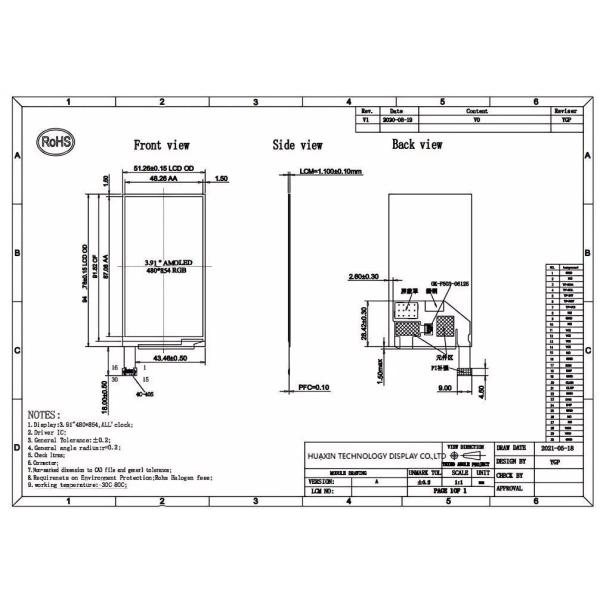 3.9 Inch Amoled Display Module 480x854 MIPI Interface For Smart Devices