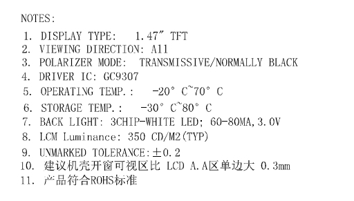 1.47 Inch IPS TFT LCD Display 172x320Resolution SPl interface GC9307 Driver lC350cd/m2 Customizable FPC TP 1500:1 Contrast Medical Devices