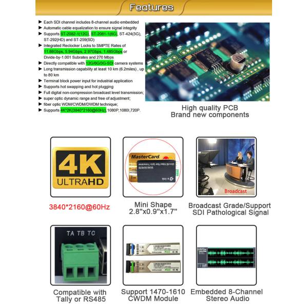 Backward RS485 Data SDI To Optical Fiber Converter With Tally Signal / Backward RS485