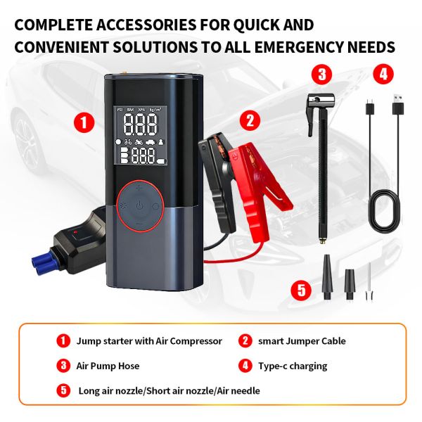 Portable Car Battery Jump Starter Pack Type C Jump Starter With Air Compressor 0-150PSI