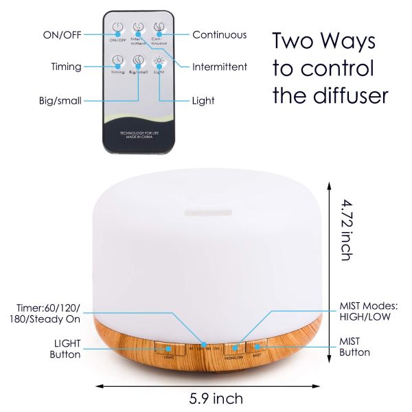 500ML Remote Control Cool-Mist Humidifier Aroma Essential Oil Diffuser Waterless Auto Shut-Off LED Air Humidifier