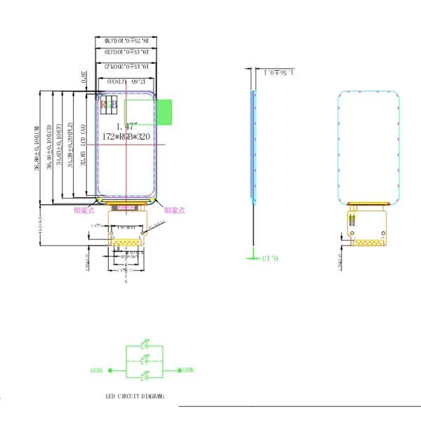 1.47 Inch IPS TFT LCD Display 172x320Resolution SPl interface GC9307 Driver lC350cd/m2 Customizable FPC TP 1500:1 Contrast Medical Devices