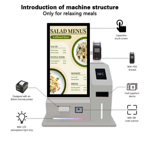24" Self-Ordering Touch Screen Kiosk with Cash Payment, Scanner & Printer for Fast Food Restaurant