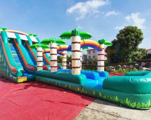 China Long Palm Tree Bounce House Pool Inflatable Water Slide on sale