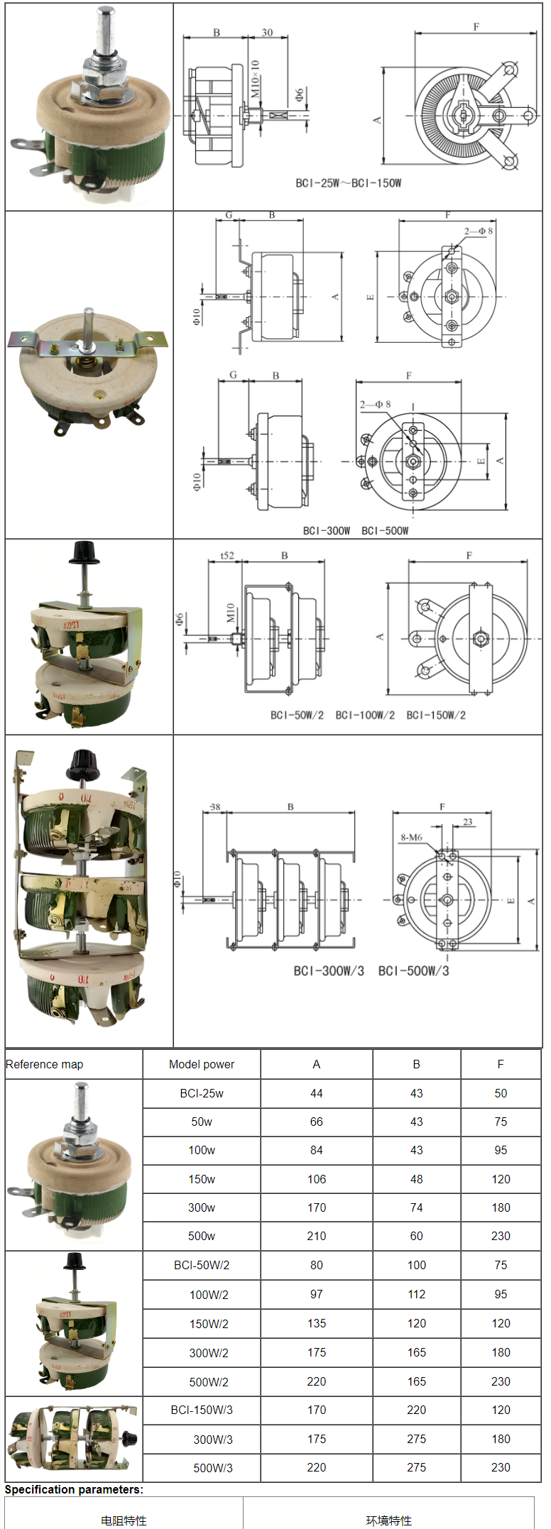 BC1 25W-50W Ceramic Wirewound Variable Resistor 1-10kΩ ±10% Tolerance