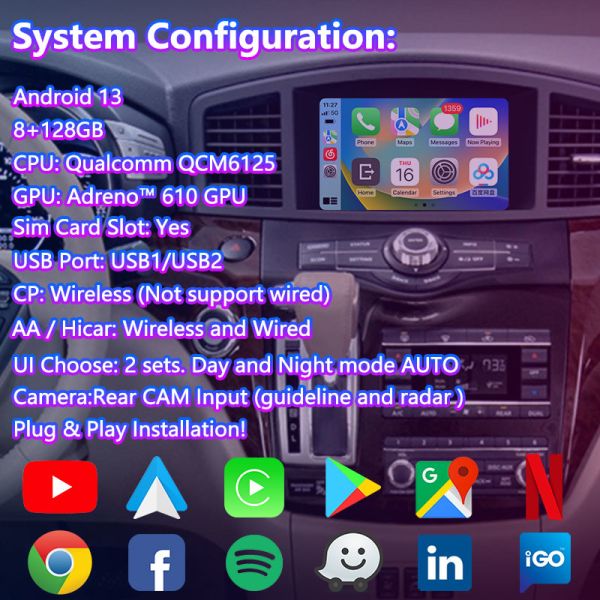 Lsailt Android Navigation Multimedia Video Interface for 2011-2017 Nissan Quest E52