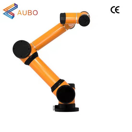 Robot arm 6 axis AUBO i5 pick and place robot operating with hand drive operation cobot