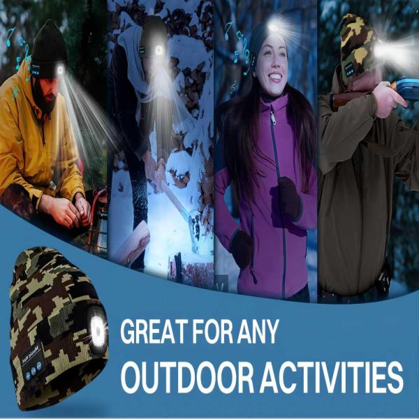 Bluetooth Beanie Hat Video Camera with Light, USB Rechargeable 4 LED Headlamp Cap Wireless Headphones for Skiing,Running