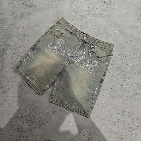 Custom Stone Washed Bling Crystal Baggy Oversized Heavyweight Streetwear Denim 100 Cotton Denim Men's Shorts Vintage Jorts